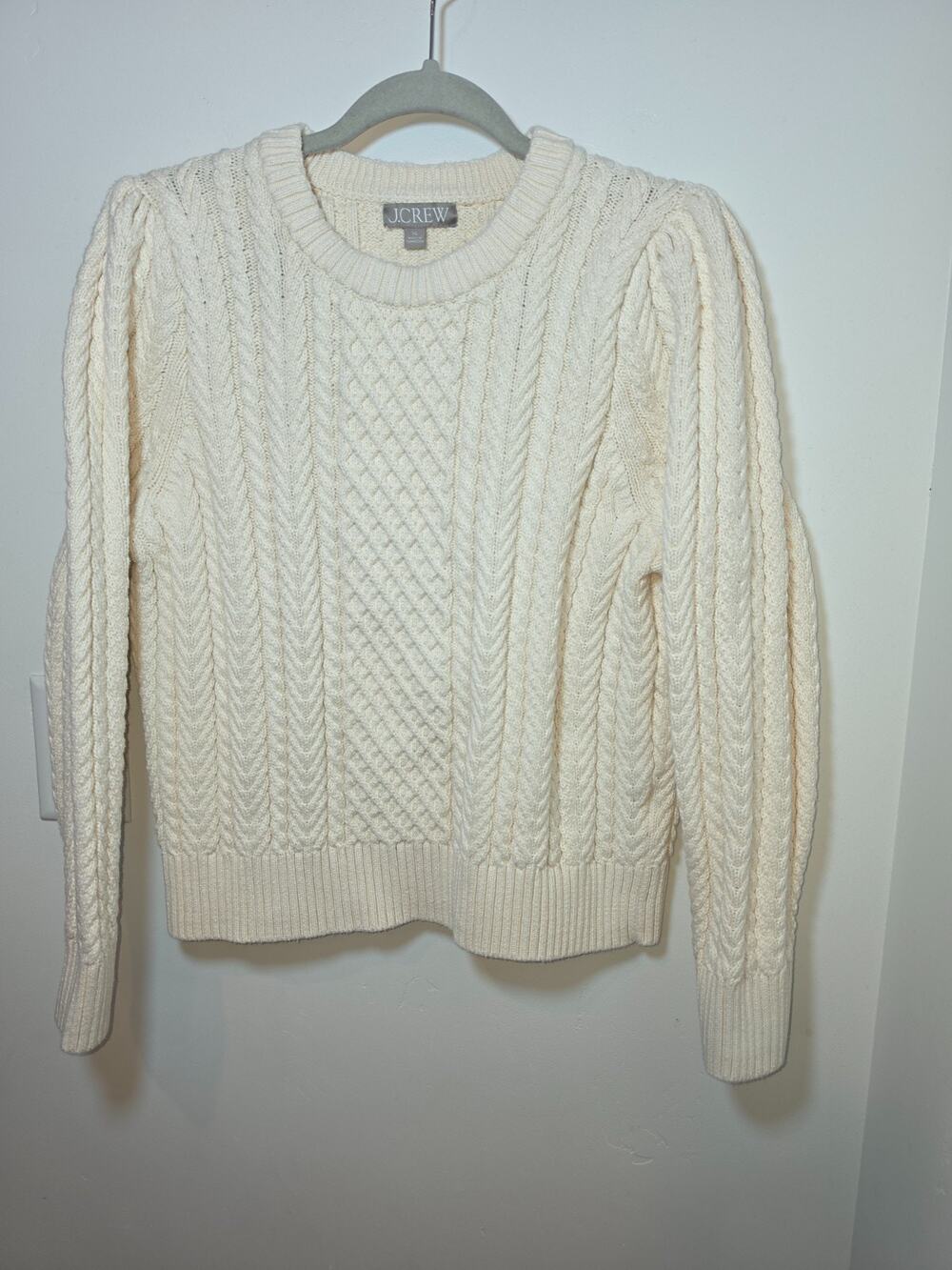 J. Crew 100% Cotton Cream Cable Knit Crew Neck Sweater Size XL Fisherman